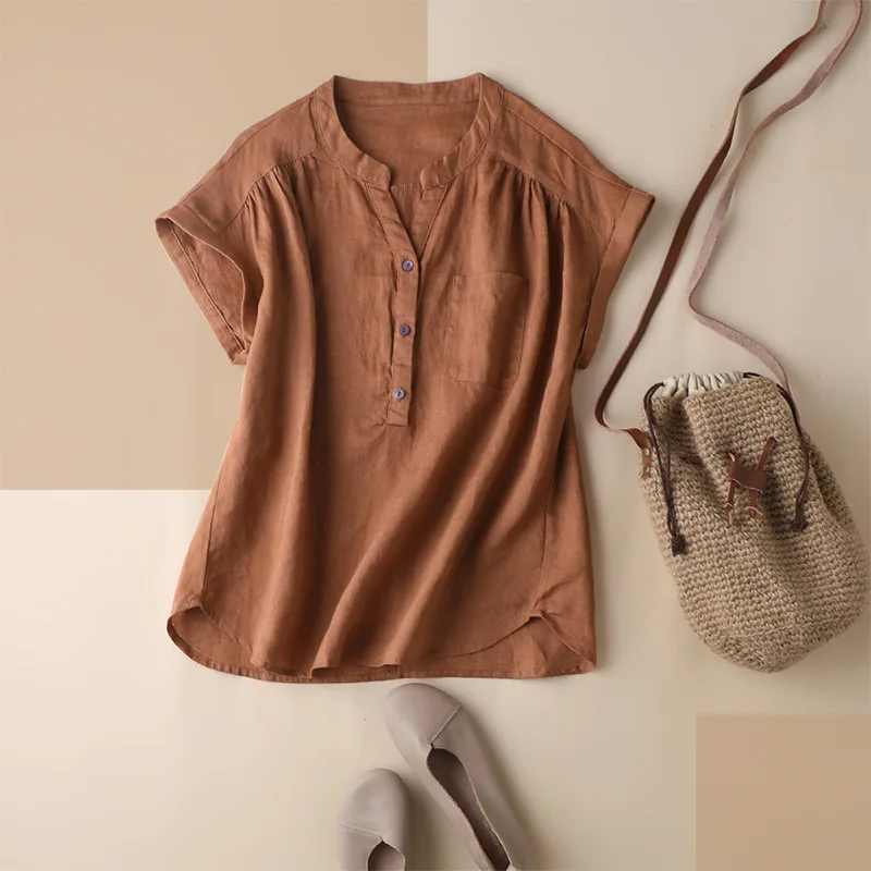 

Shuchan Women Shirts Blouses Linen Casual Solid V-Neck Broadcloth Womens Tops 2021 Blusa Feminina summer tops