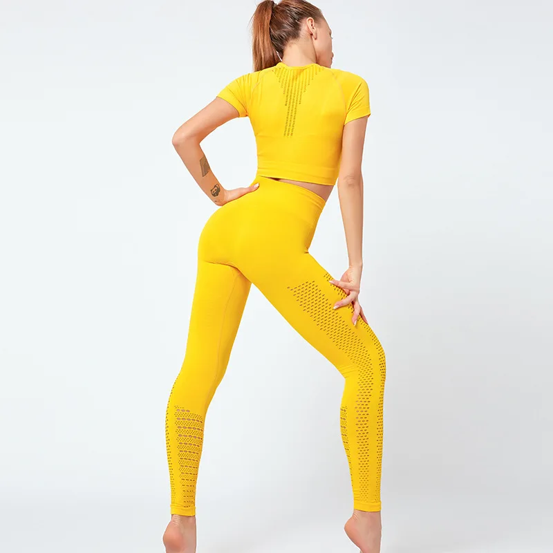 Женский комплект для йоги с коротким рукавом 2 предмета цельный бесшовный