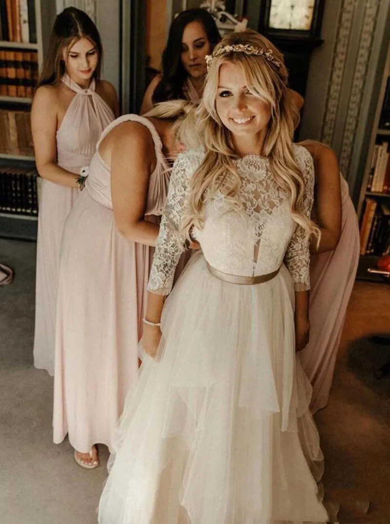 

Boho Wedding Dresses Long Sleeves Lace Top Tulle Skirt A-Line Princess Simple Wedding Gowns Custom Made Bridal Dress