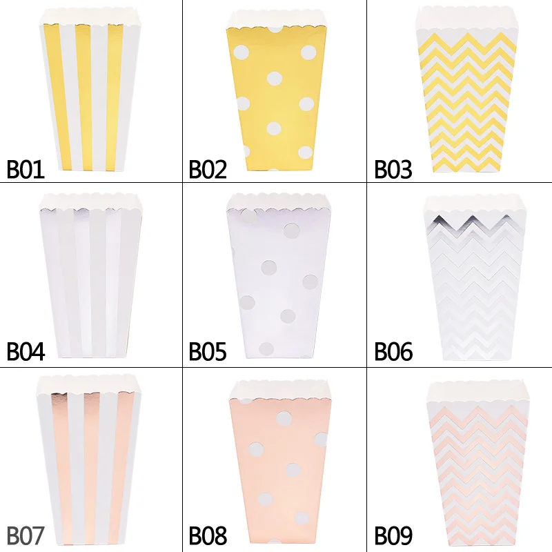 

12Pcs Sets Gold Silver Dot Wave Striped Paper Popcorn Box Pop Corn Candy Sanck Favor Bag Wedding Kid Birthday Party Decoration