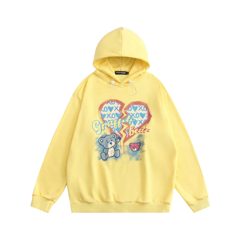 Women's Harajuku Cartoon Bear Love Print Hooded Sweatshirts Autumn 2021 Loose Hoodie Couples Pullover H1562