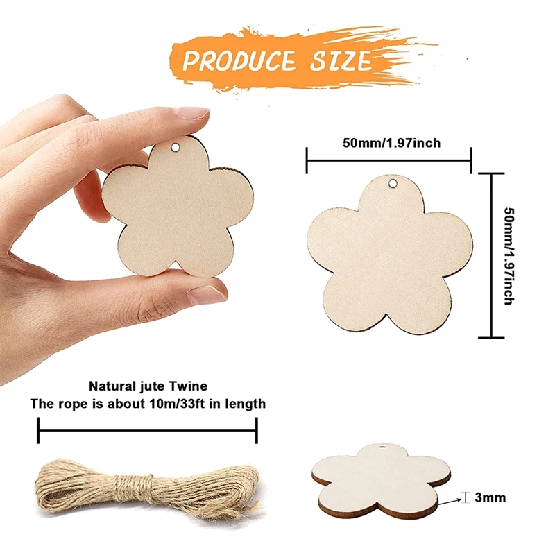 Акция! 100 шт. 2-дюймовые деревянные ломтики в форме цветка Пустые бирки с