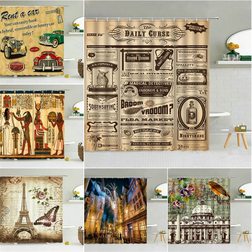 

Забавные винтажные автомобильные шторы для душа в стиле ретро, водонепроницаемые шторы для ванной комнаты, высококачественные занавески с ...