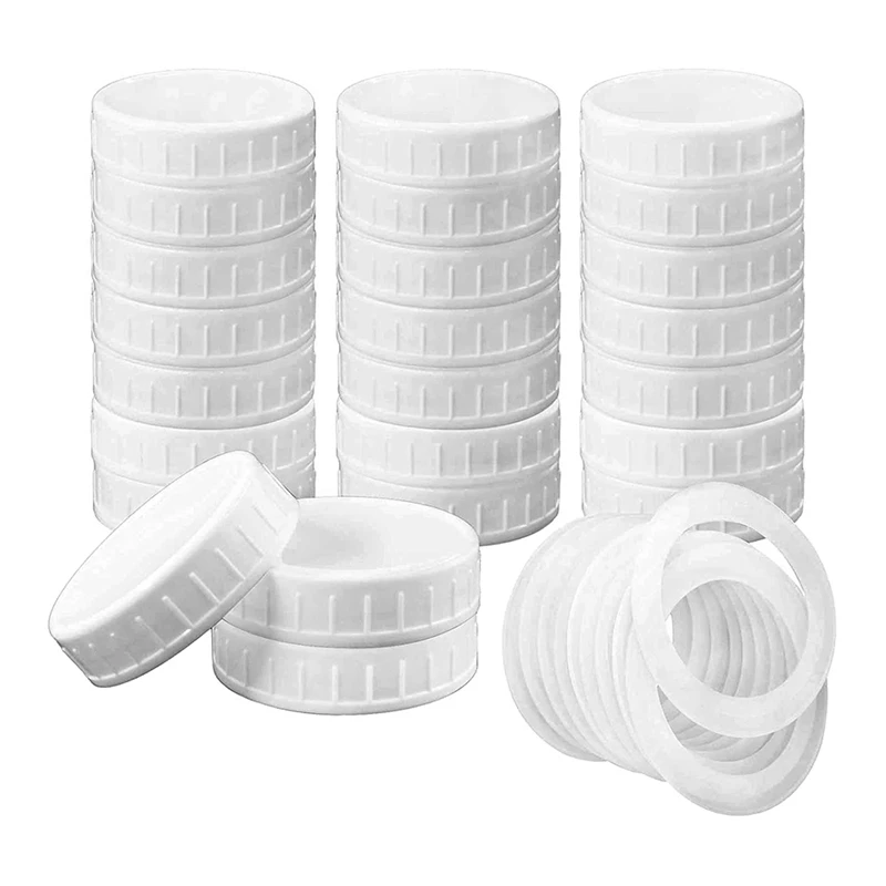 Tapas de tarros de enlatado de boca ancha, de plástico, con anillos de silicona para sellos, a prueba de fugas, 24 unidades