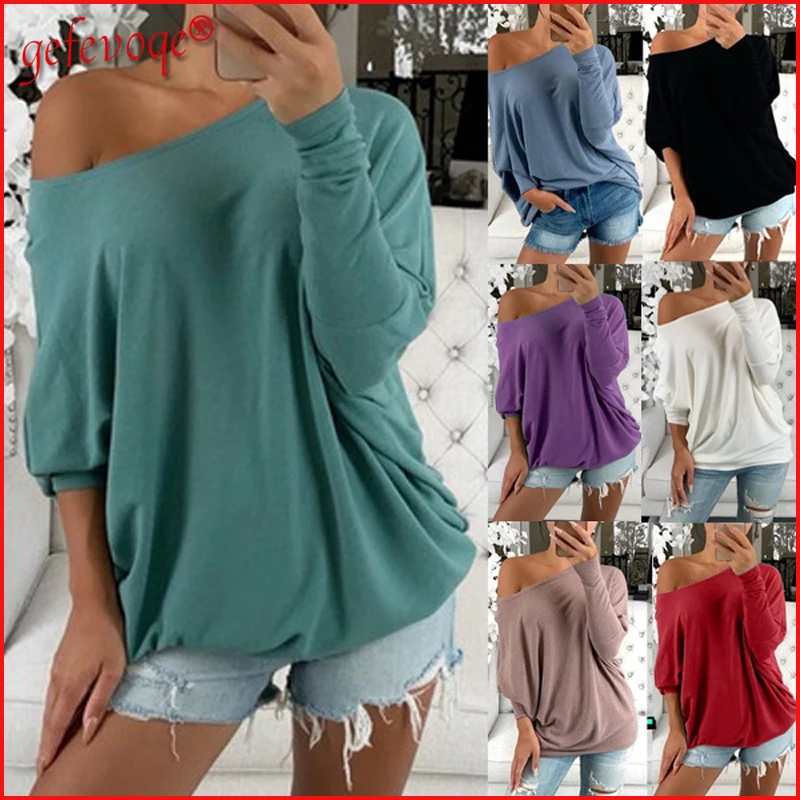 

Женский топ с открытыми плечами, повседневная Однотонная футболка оверсайз с длинным рукавом, свободная Базовая футболка, женская одежда н...