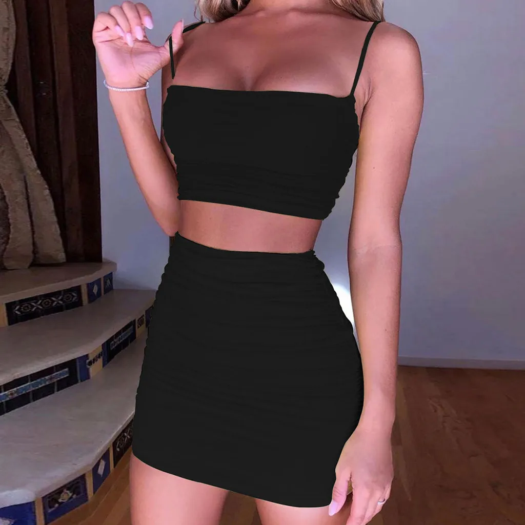 

Home&Nest Fashion Women's Split Two Piece Set Sexy Solid Strap Sleeveless Ruched Fold Slim Skirt Suit Causal Women's Sets New
