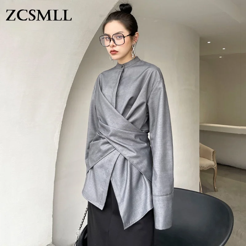 

ZCSMLL женская серая Асимметричная блузка большого размера, новая свободная рубашка с воротником-стойкой и длинным рукавом, модная весенне-ос...