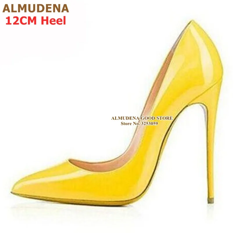 yellow 12cm heel ALMUDENA/брендовые туфли-лодочки на шпильке 12, 10, 8 см модельные туфли из лакированной кожи дизайнерские свадебные туфли с острым носком на тонком каблуке размер 45 - Цвет: yellow 12cm heel