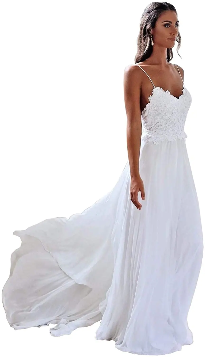 

Женское шифоновое платье с V-образным вырезом, длинное пляжное свадебное платье с открытой спиной и кружевной аппликацией, свадебные наряды...