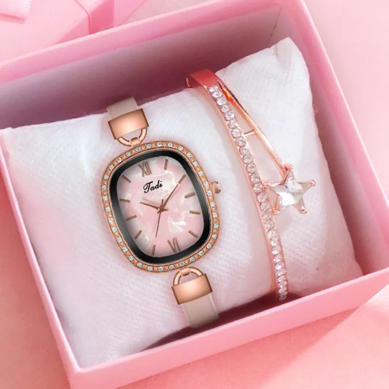 【Watch+Bracelet】Women Oval Pearl Shell Dial Watches Fashion Ladies Leather Rhinestone Quartz Roma Watch Reloj Mujer | Наручные часы