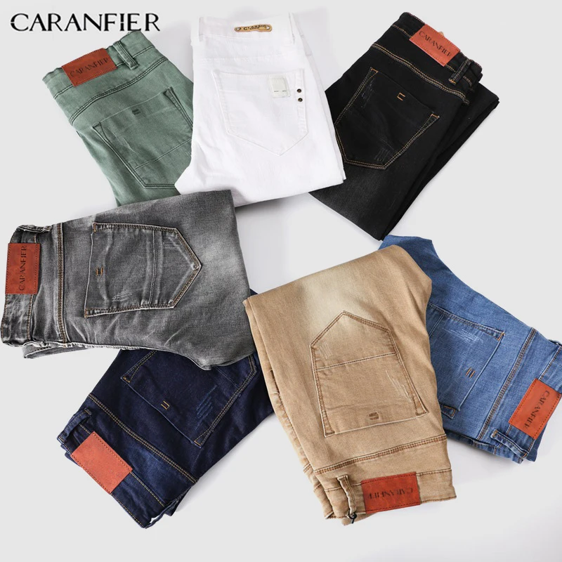 

CARANFIER Quality Slim Jeans Men Classical Fashion Elasticity Denim Pants Light Blue Washed Brand Casual Trousers Male