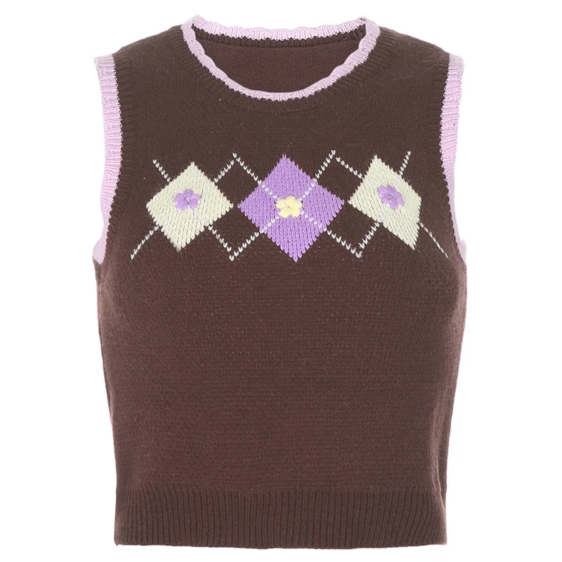 

Y2k Women's Sweaters Argyle Plaid Knitted Women's Cropped Sweater Preppy Style Flower Kawaii 90s Clothing Knitwear Sweater