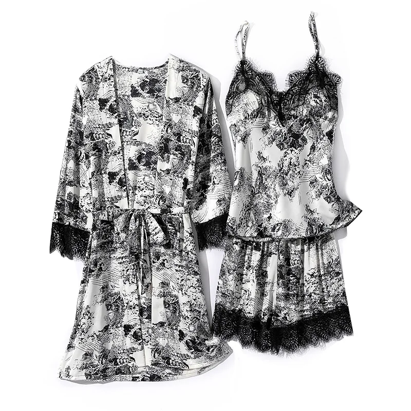 

Satin Print Pajamas Set Women Lace 3PCS Sleepwear Summer Silky Sleep Set Casual Robe Suit Sexy V-neck Pijamas Suit Home Clothes