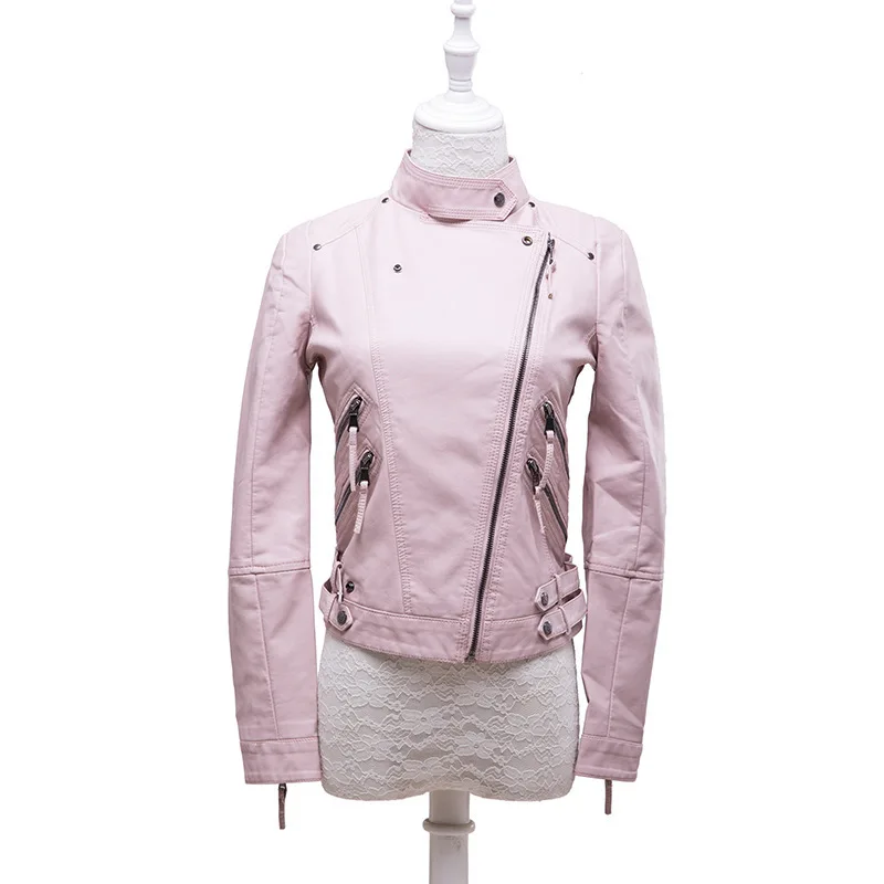 Женские розовые Куртки из искусственной кожи Женская Байкерская верхняя одежда