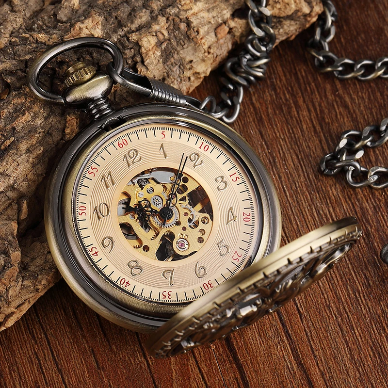 Mechanical Pocket Watch Antique Skeleton Dial Fob Chain Hanging Luxury Two Horse Waist Clock with Gift Box for Men Dropshipping