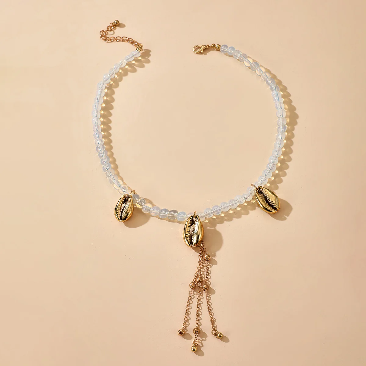 

Bohemian Clear Bead Pendant Necklace for Women Summer Shell Gold Alloy Metal Chain Long Party Jewelry Gift