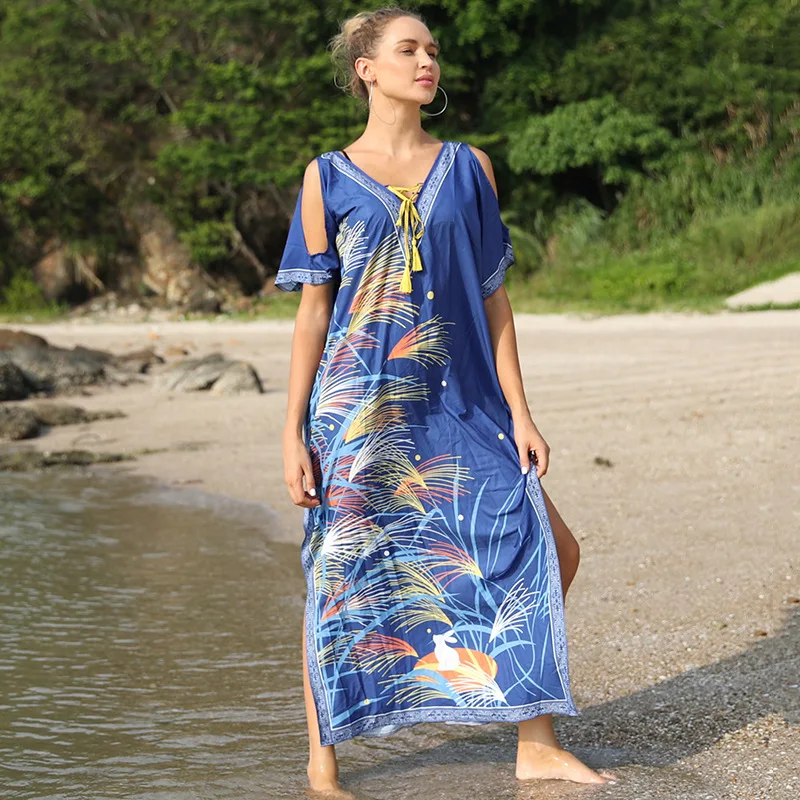 New Loose Holiday Women Tunic Off-The-Shoulder Positioning Print Robe Flower Dress Beach Blouse Female Swimsuit Bikini Cover Up