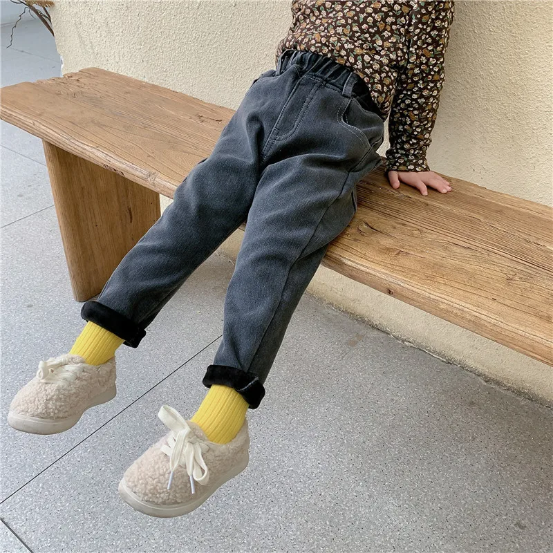 

Winter Korean style girls thicken warm pencil pants 2 colors fashion all-match fleece denim trousers Children 1-6Y