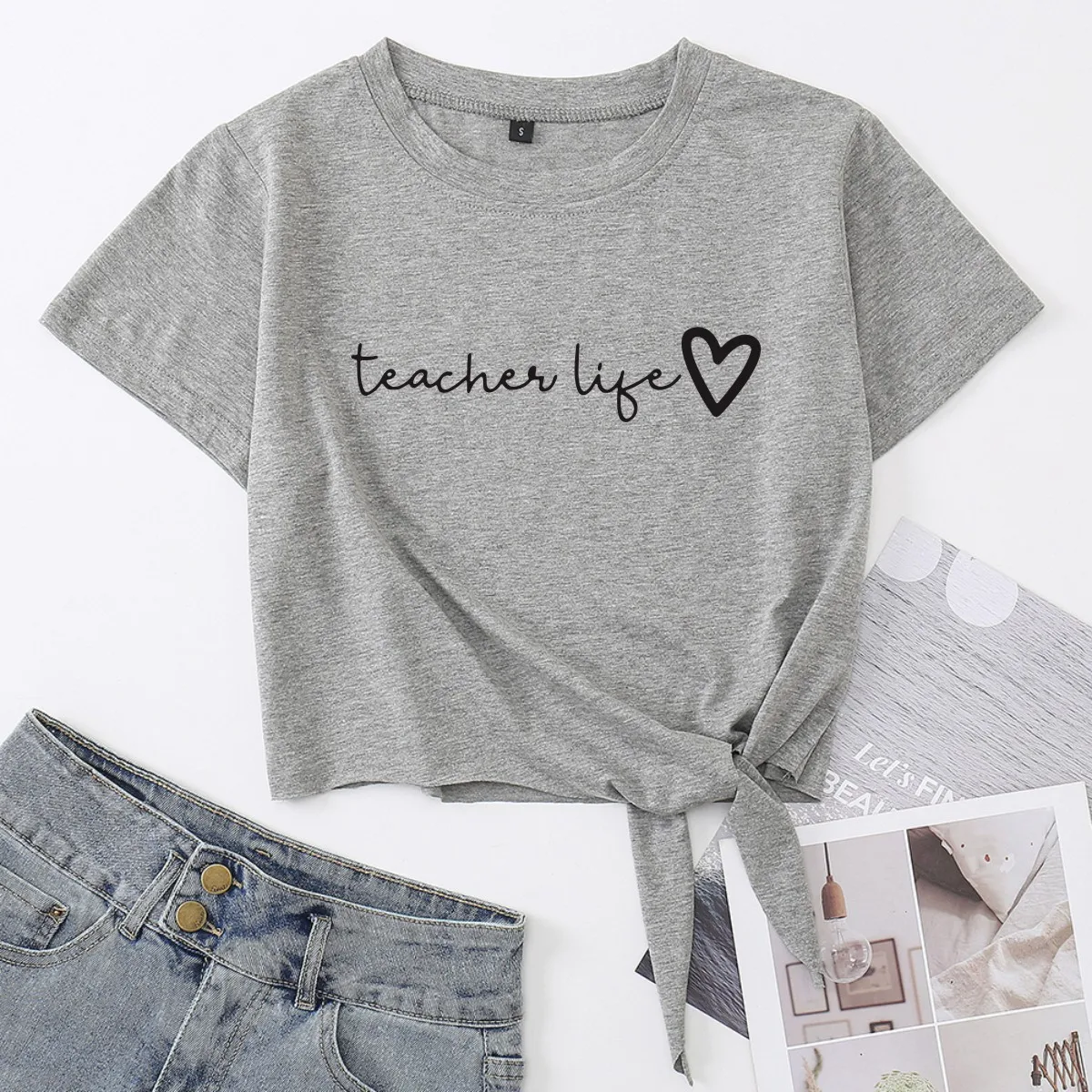 

Teacher Life Teach Gift Knotted Crop Top Shirt Womens Summer Short Sleeve Cotton T-Shirt Cropped Tops Graphic Tee Front Tie Knot