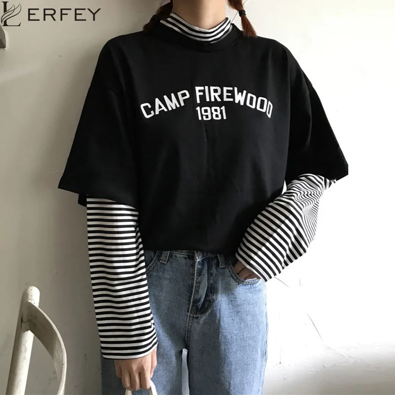 LERFEY Women T-shirts Tunic Korean Harajuku Vintage Striped Long Sleeve T-shirt Female Ulzzang Patchwork Tees Casual Loose Tops | Женская
