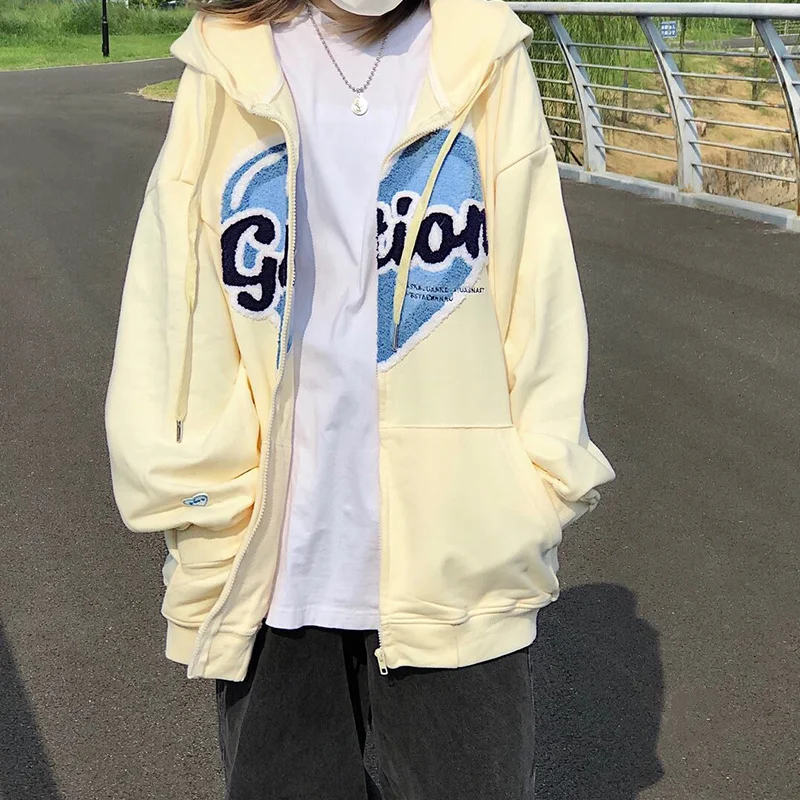 

Популярный японский кардиган, свитер, Женский Осенний дизайнерский Свободный Топ на молнии с вышивкой Love и капюшоном