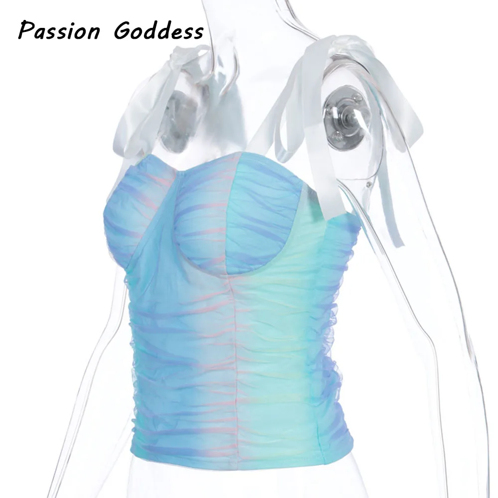 Женский Радужный разноцветный топ с завязками на завязках сетчатый двухслойный