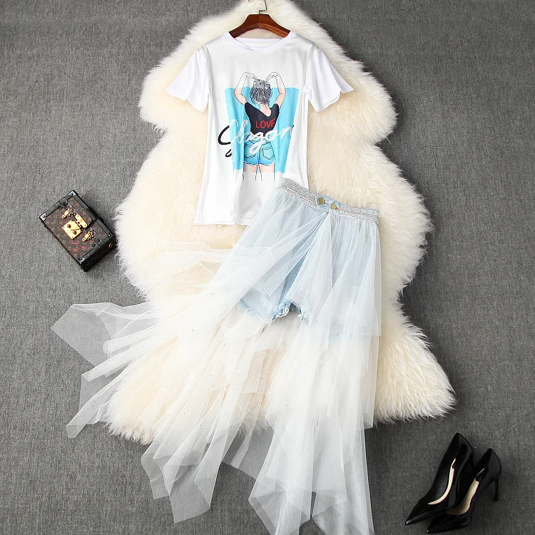 

Женское платье и футболка с короткими рукавами, джинсовые шорты с принтом в американском и Европейском стиле, лето 2021