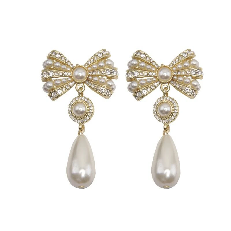 

Vintage Elegant Korean Pearl Bowknot Drop Earrings For Women Girls Fashion Crystal Pendientes Party Jewelry Gifts