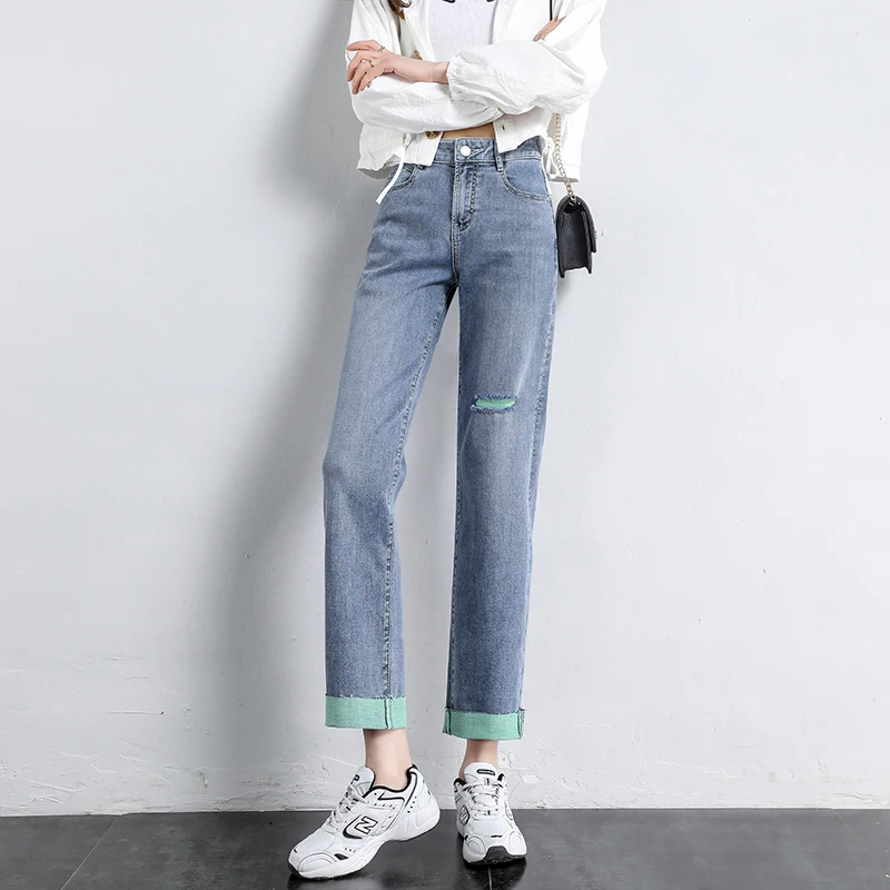 

Ripped Jeans Women Spring High-Waisted Straight Summer Korean Fashion Streetwear 90s Aesthetic Wide-Leg Patchwork Denim â€‹Pants