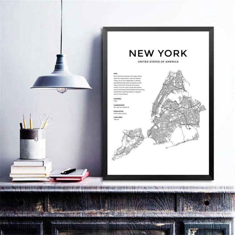 

New York Map Poster Black and White World City Map Posters and Prints New York City Poster Nordic Wall Art Canvas Painting