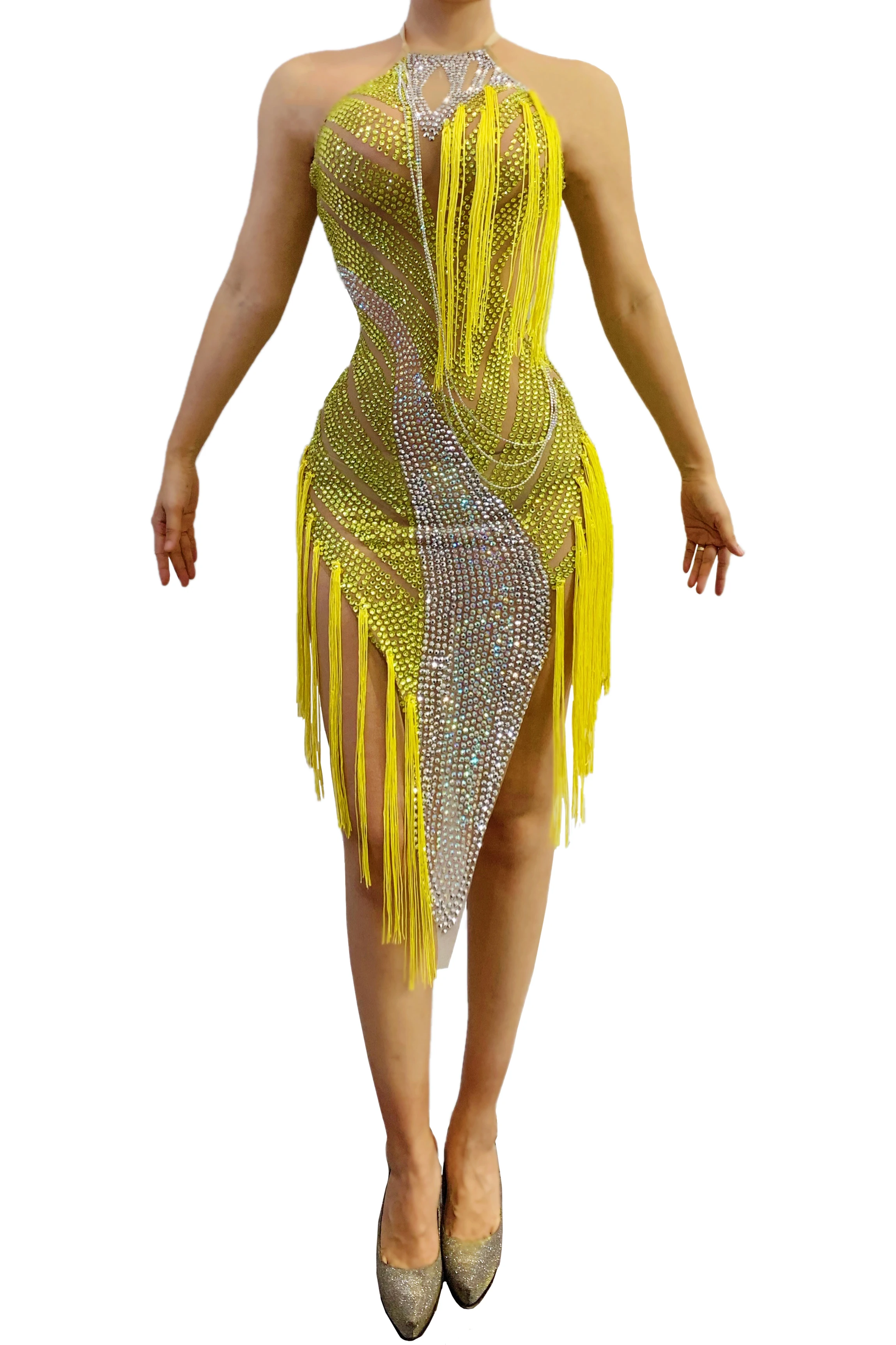 

Sparkly Yellow Fringe Midi Dress Women Sleeveless Mesh Transparent Sexy Evening Party Dress 2021 Birthday Celebrate Prom Wear
