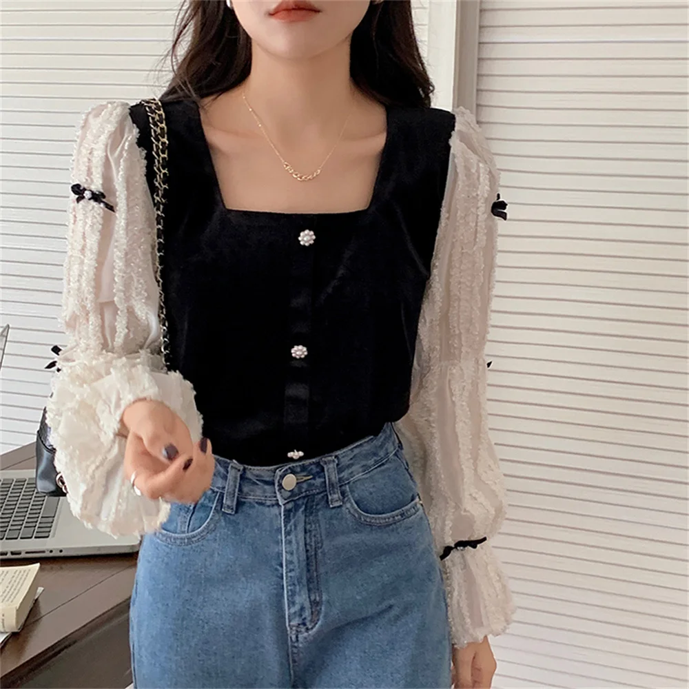 

대한민국 Korea Square Collar Sweet Lace Women Tops Slim Patchwork Velvet Chic Femme Elegant Office Wear New Fashion Shirts