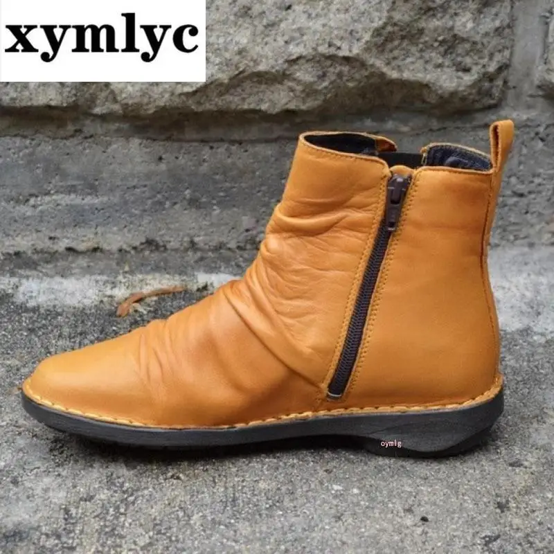

Women Boots 2020 Autumn PU Leather Ankle Boots Casul Flat Shoes Round Toe Winter Snow Boots Zipper Punk Boots Ladies Shoes