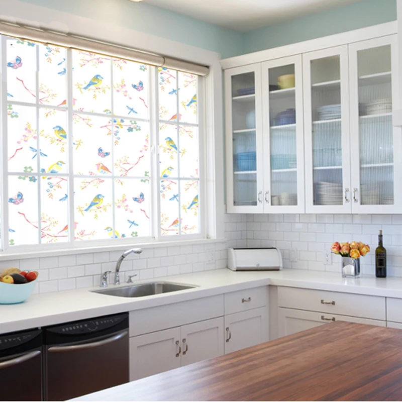 Статическая липкая стеклянная пленка, цветные решетки для окон с птицами, высокая безопасность, наклейка для матового стекла, 45-90 см x 200 см