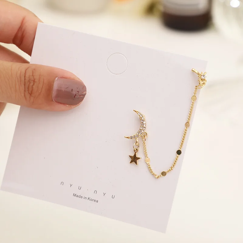 

Sweet Style Gold Color Star Long Tassels Chain Pendant Zirconia Moon Ear Cuff Clip on Earring For Girl No Pierced Non Piercing