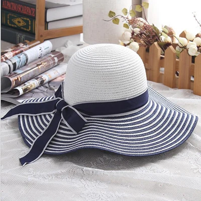 

2021 Hot Sale Fashion Hepburn Hat Wind Black White Striped Bowknot Summer Sun Hat Beautiful Women Straw Beach Hat Wide-brim Cap