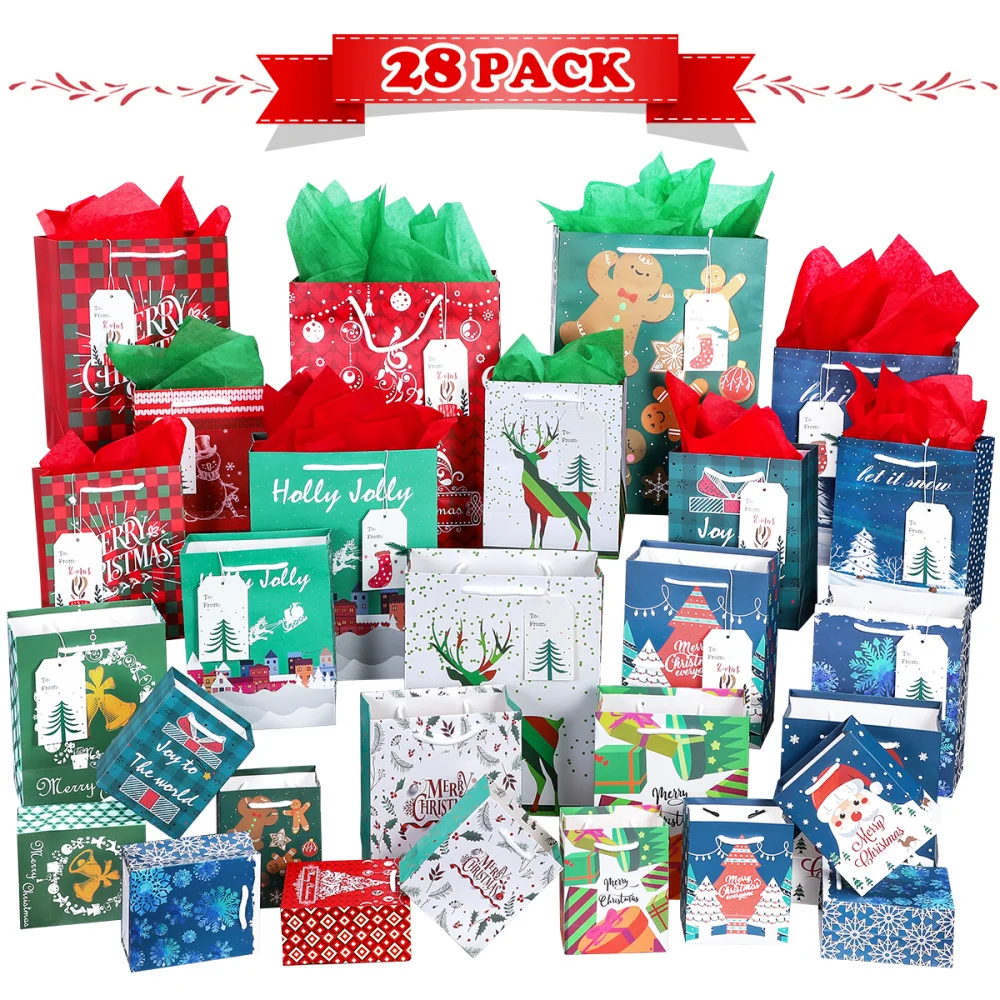 

UNOMOR 28PCS Christmas Gift Bags Treat Bags Gift Wrapping Bags Candy Party Favor Goody Bags Christmas Party Supplies with 28PCS