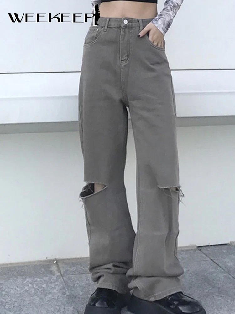 

Weekeep Vintage Cut Out Denim Jeans Women High Waist Oversize Ripped Casual Pants Streetwear Wide Leg Grey Trousers 90s Harajuku