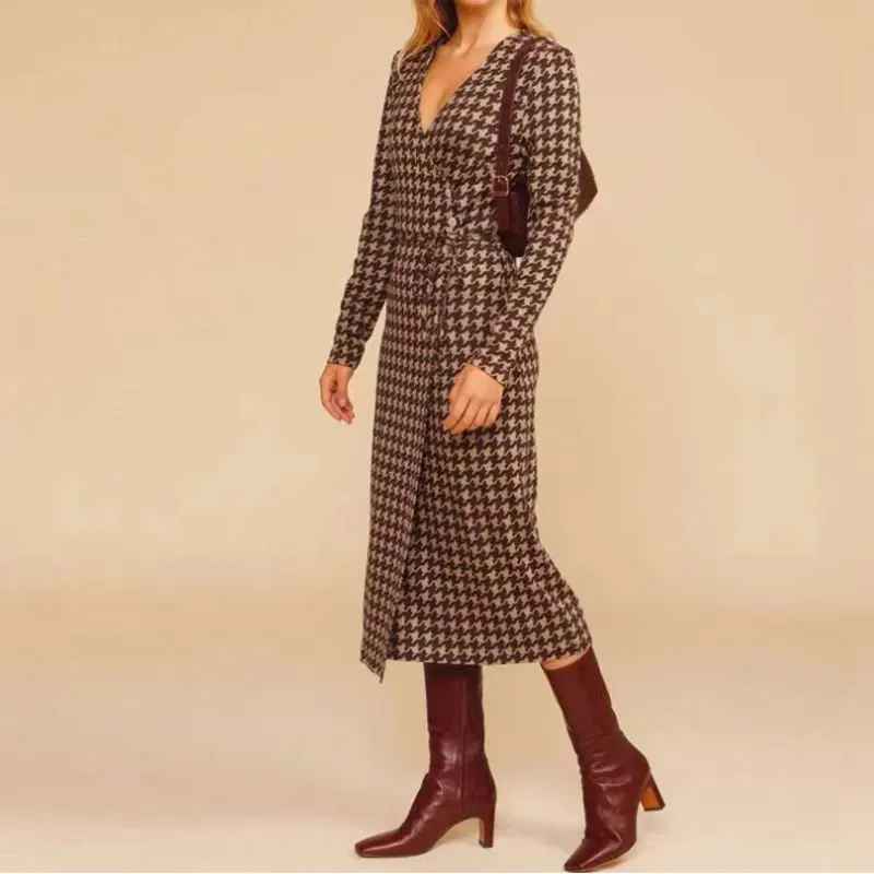 

Retro houndstooth ladies wrap dress lace-up v-neck temperament lady midi dress 2021 new