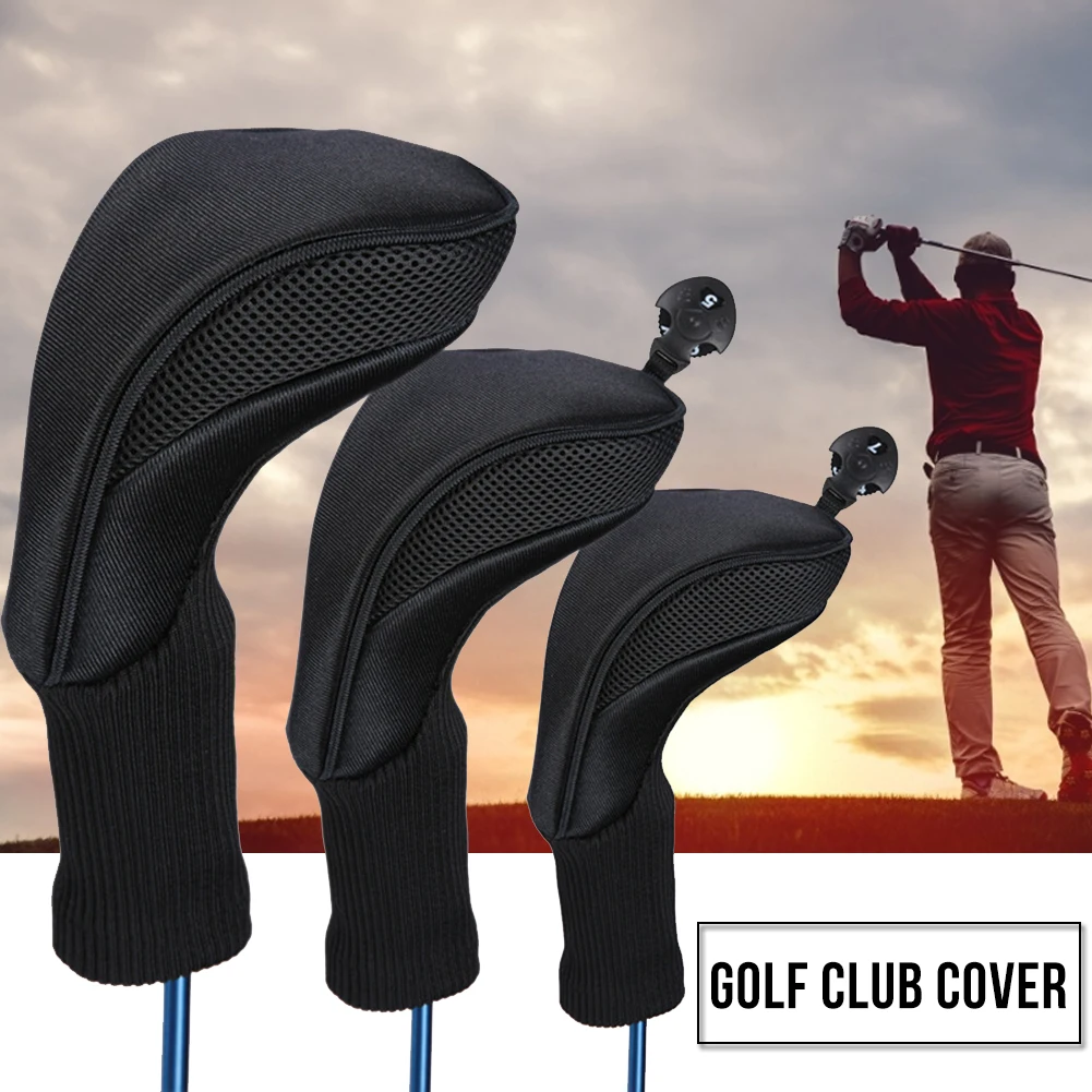 

3Pcs Black Golf Head Covers Driver 1 3 5 Fairway Woods Headcovers Long Neck Knit Protective Covers Fits All Fairway Driver Clubs