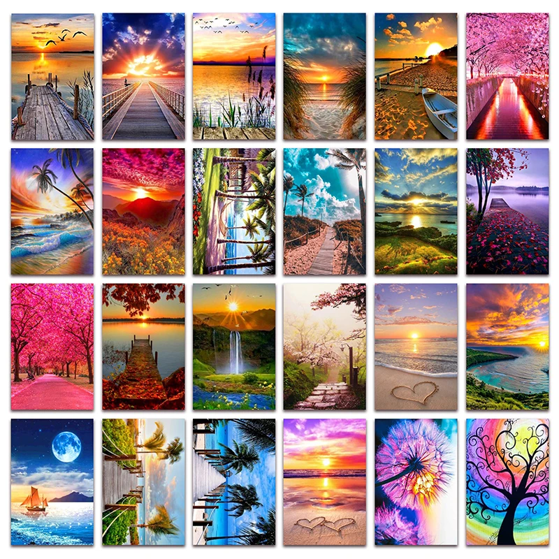 

New 5D Full Diamond painting embroidery landscape Sunset tree DIY Diamond mosaic Beach waterfall cross stitch Home decor E012
