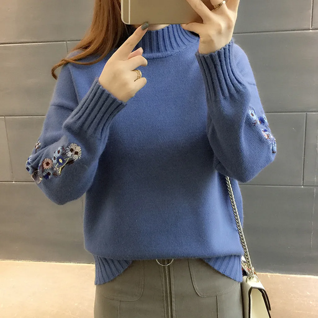New Loose Thick Warm Winter Pullover Sweater Women Embroidery Jumper Half Turtleneck Long Sleeve Knit Yellow Sweater Female