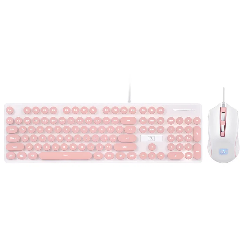 pink retro wired gaming keyboard and mouse kit round keycap steampunk keyboard multimedia button 1800dpi mouse for pc laptop free global shipping