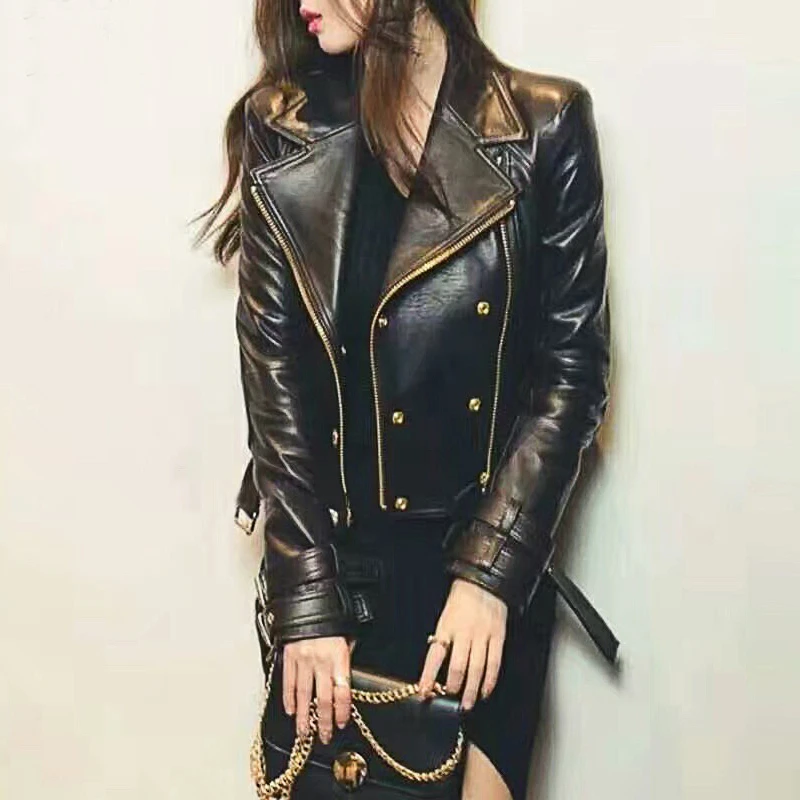 2021 New Fashion Designer Women's Leather Jacket Buttons Double Zippers Motorcycle Biker Faux Coat Spring PY160 | Женская одежда