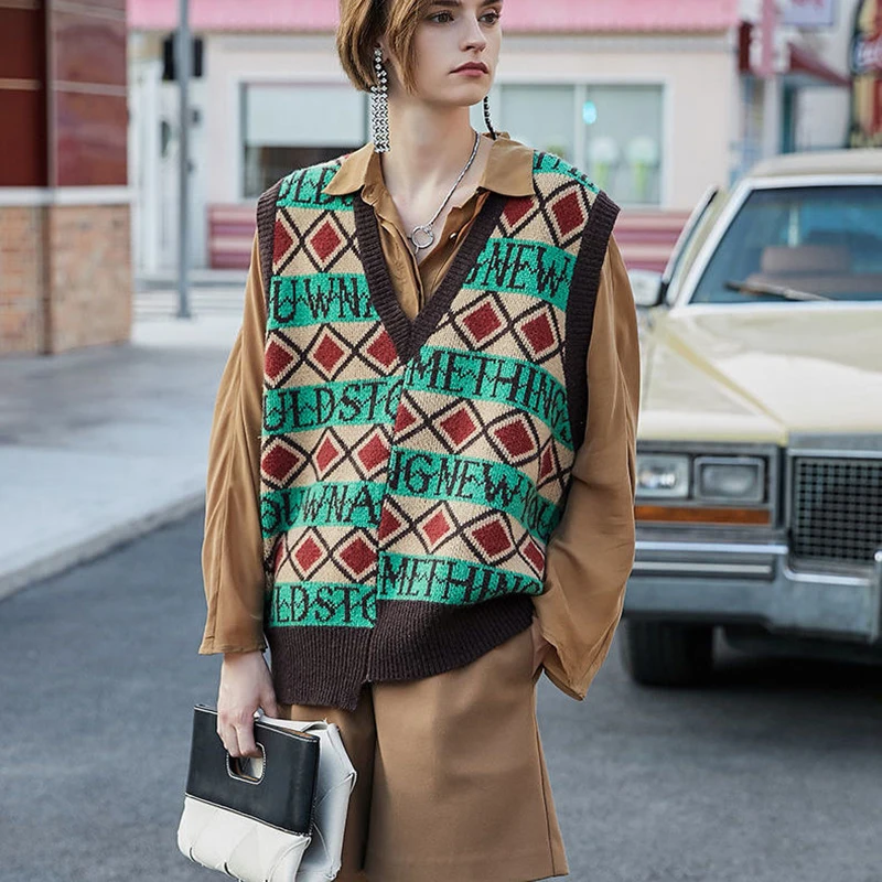 

V-neck Sweater Loose Outer Wear Retro Sleeveless Knitted Vest Women's Top Waistcoat