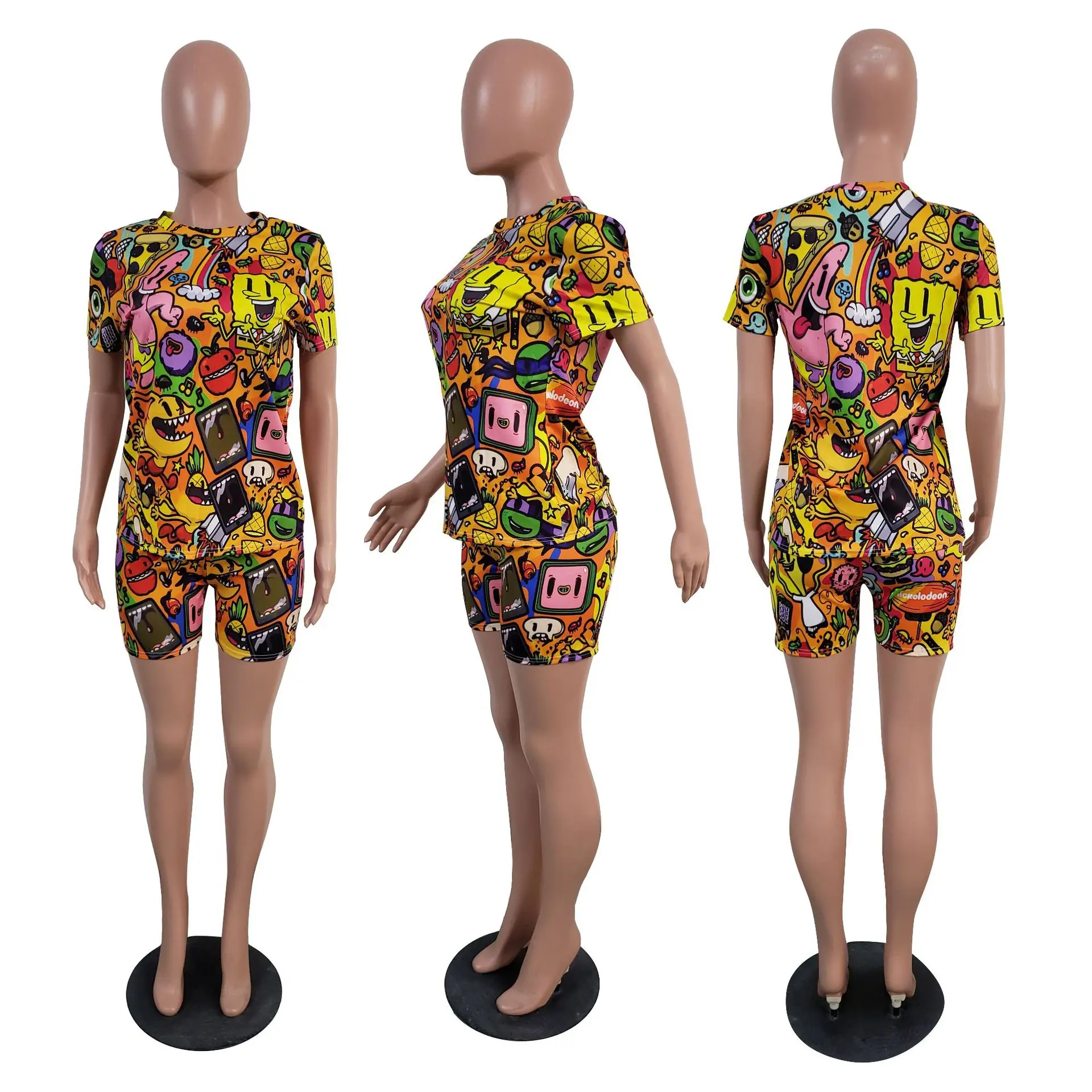 

FNOCE 2020 summer women's sets tracksuits young fashion Cartoon Printed o-neck short sleeve tops shorts Casual Two-Piece Suits