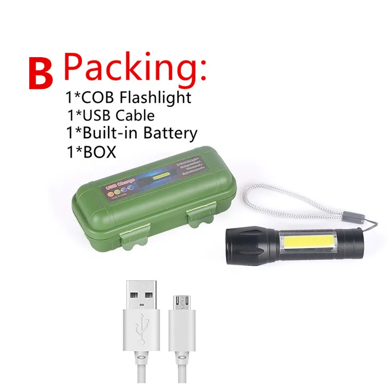B Packing - Have Box USB зарядка мини портативный COB мощный светодиодный фонарь наружный охотничий фонарь с батареей и кабелем - Испускаемый цвет: B Packing - Have Box
