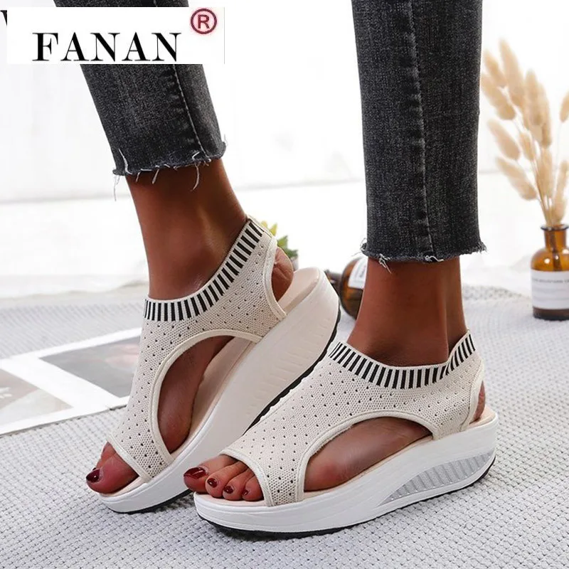 

FANAN Women Sandals Wedges Slip on Knitting Ladies Peep Toe Casaul Summer Shoes Female Pltaform Fashion Comfort Sandalias
