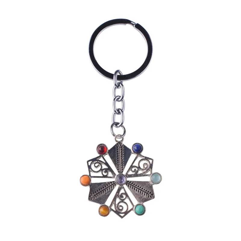 

Посеребренные Круглые геометрические формы 7 цветов, маленькие каменные бусины, цепочка для ключей, исцеляющая чакра, ювелирные изделия