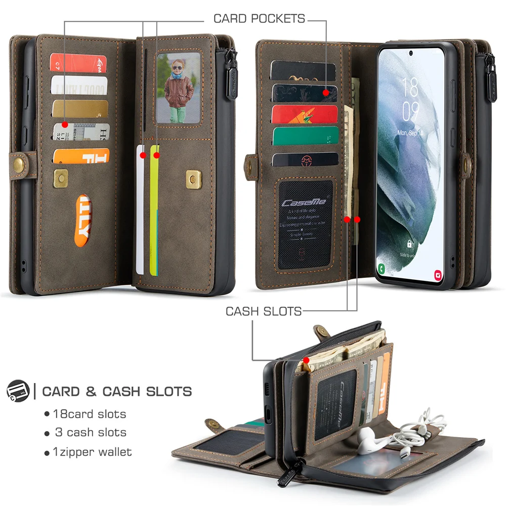 

Luxury Zipper Wallet Leather Case For Samsung Galaxy S21 S20 FE Ultra Plus Strong Magnetic Flip Removable Phone Bags Cover Coque